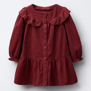 Zara Kids Fine-Waled Maroon Schiffly Ruffle Dress Burgandy